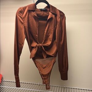 AKIRA Brown Long Sleeve Tie Front Bodysuit